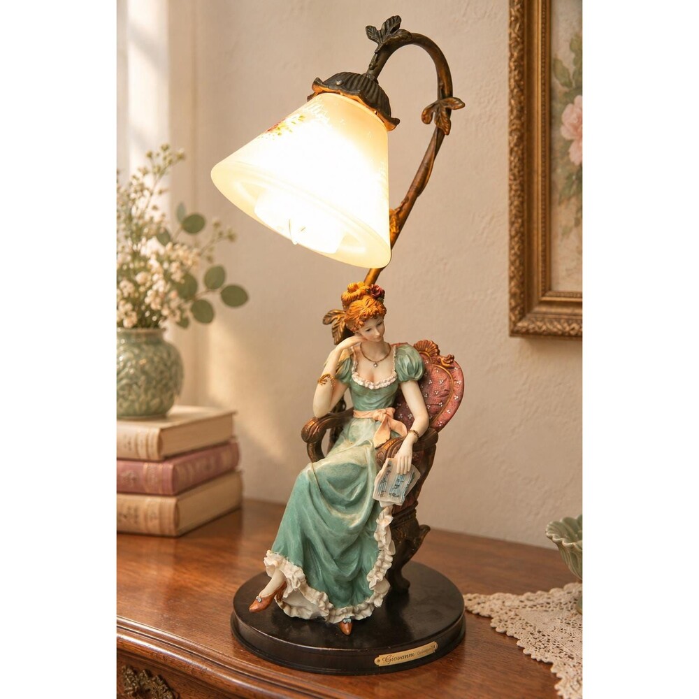 Giovanni Collection Victorian Lady Figurine Lamp Floral Glass Shade Regency